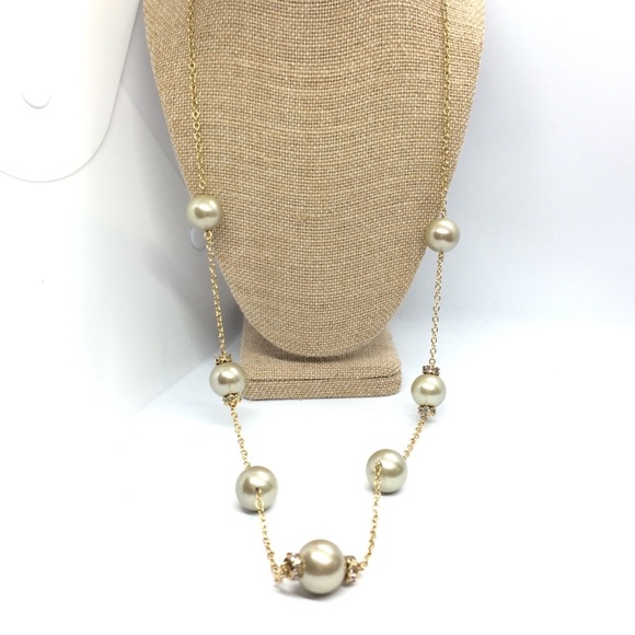 J. CREW LONG FAUX PEARL CHAIN RHINESTONE NECKLACE RONDELLES GOLD TONE - Picture 1 of 6